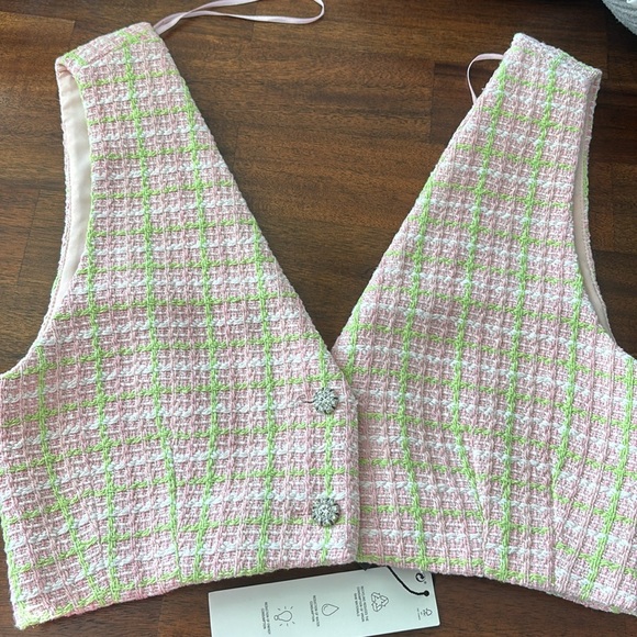 ZARA Tweed Crop Top Pink & Green Vest Jewel Buttons Size S • BLOGGER FAVORITE • - Picture 6 of 6